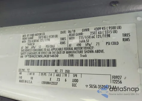 2018 Ford Transit-350 из США, поврежденный, VIN 1FTBW2CMXJKB14630